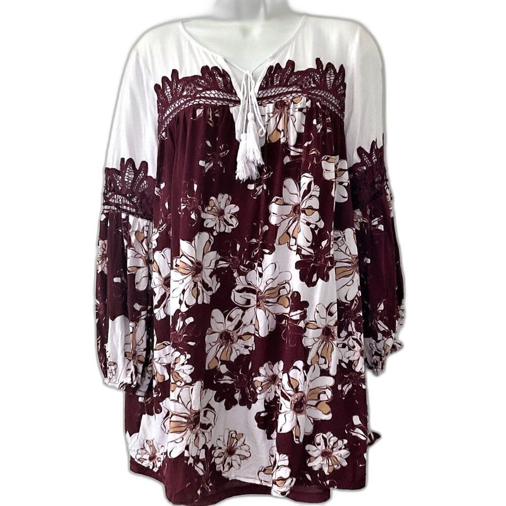 Entro Boho Floral Lace Peasant Tunic Dress Burgundy White Size L